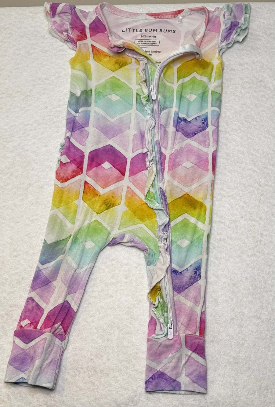 Little Bum Bums Watercolor Rainbow Geometric Bamboo Ruffle Sleeper Romper